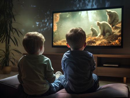 Two little boys watching a movie on a television in a living roomの素材