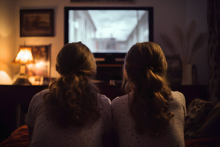 Back view of two young women sitting on sofa and looking at TVの素材