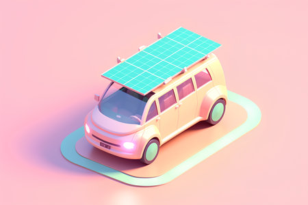 Car with solar panel on the roof. 3d illustration. Isometric view.の素材