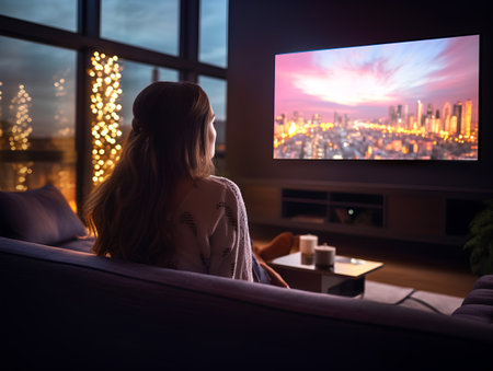 Young woman watching TV at home in the living room. Evening timeの素材