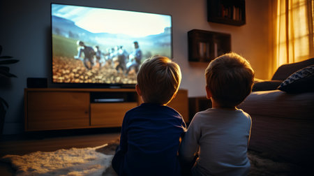 Two boys watching movie on tv at home in the evening. Back view.の素材