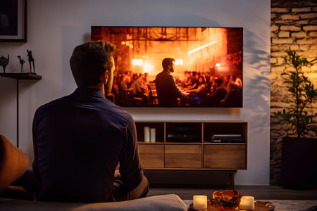 Back view of young man sitting on sofa and watching movie on televisionの素材