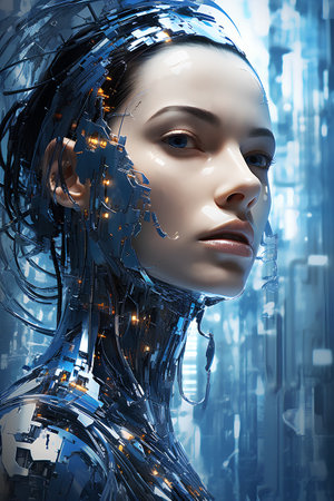3d rendering of a female cyborg with circuit board on the headの素材