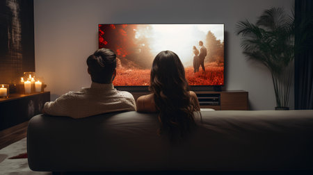 Back view of a young couple sitting on a couch and watching a movie on a TV.の素材