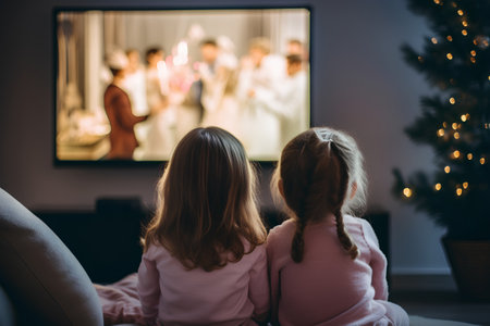 Mother and daughter sitting on the sofa in front of the TV at homeの素材