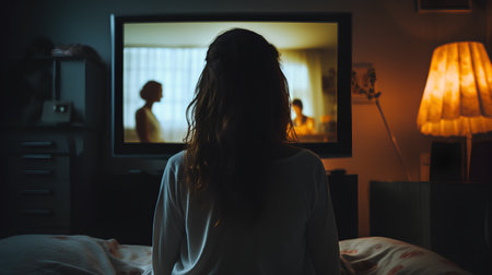 Silhouette of woman sitting on the bed and watching TV.の素材