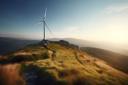 Wind turbines on the top of the mountain at sunset. 3D renderingの素材