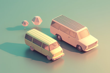 3d rendering of a van and a camper van on a green backgroundの素材