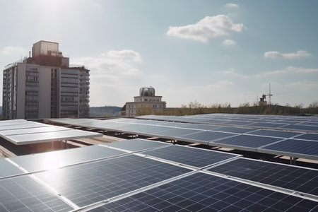 solar energy panels on the roof of a modern building with solar panelsの素材