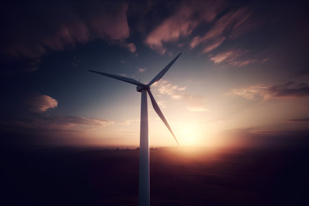 An image of windturbine generator at sunset. This is a 3d render illustrationの素材