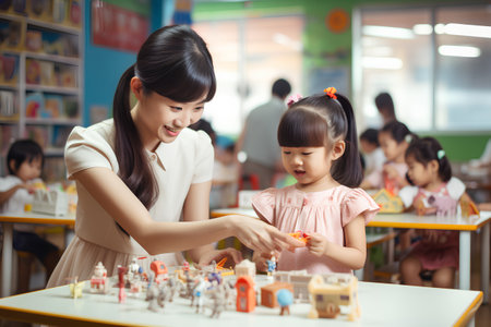 Asian teacher and little girl playing in kindergarten classroom. Education concept.の素材