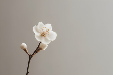 Beautiful white sakura flower on grey background. Minimal style.の素材