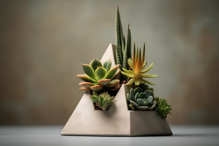 Miniature succulent plants in a concrete pot on a blue backgroundの素材