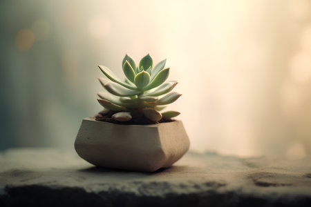 Miniature succulent plant in a pot on a blurred background.の素材