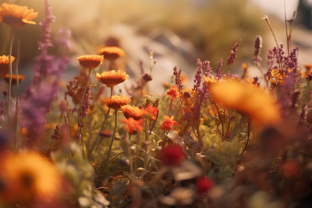 Beautiful flowers in the meadow at sunset. Soft focus.の素材