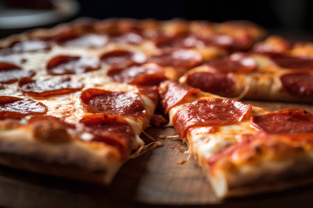 Pepperoni pizza on a wooden board. Close-up.の素材