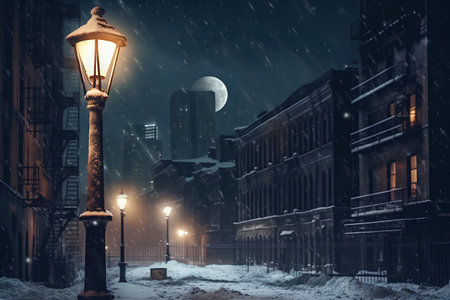 Snowy street in old city at night. Elements of this image furnished by NASAの素材