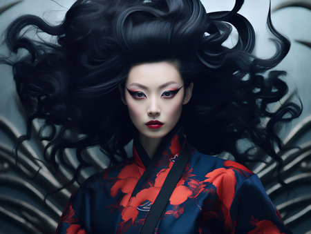 Portrait of a beautiful geisha with magnificent hair in a kimono.の素材