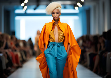 Fashion model wearing clothes for spring summer collection on the catwalk in the studioの素材