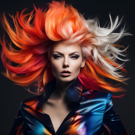 Beautiful young woman with colorful hair. Portrait of a fashion model with bright makeup.の素材