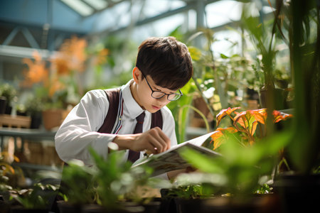 Portrait of a young male gardener reading a magazine while working in a greenhouseの素材