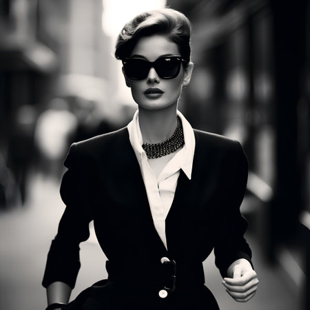 Fashion shot of a beautiful woman in black sunglasses on the street.の素材