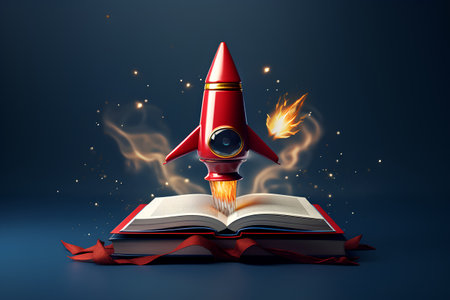 Open book with a rocket flying through the pages. Vector illustration.の素材