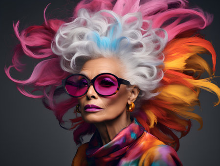 Fashion portrait of a beautiful woman with colorful hair and sunglasses.の素材