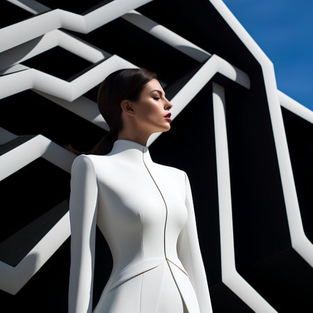 beautiful woman in white dress posing in futuristic building, 3d renderingの素材