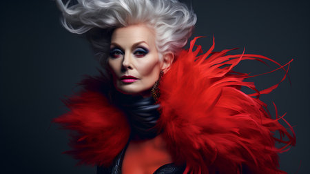 Portrait of a beautiful blonde woman with bright make-up and red feather boa.の素材