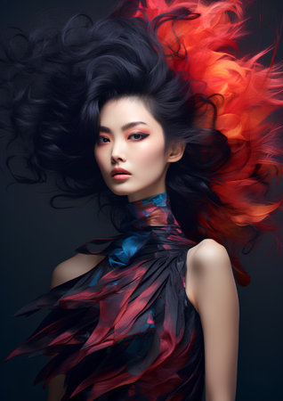 Fashion shot of a beautiful woman with flying hair. Portrait of a girl with red and black hair.の素材