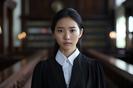 asian woman lawyer in black gown looking at camera with serious faceの素材