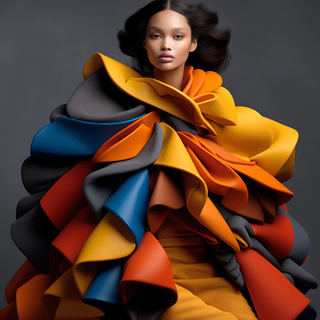 Fashion portrait of a beautiful african american woman in orange and blue scarf.の素材