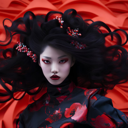 3D illustration of a Japanese geisha with red kimonoの素材