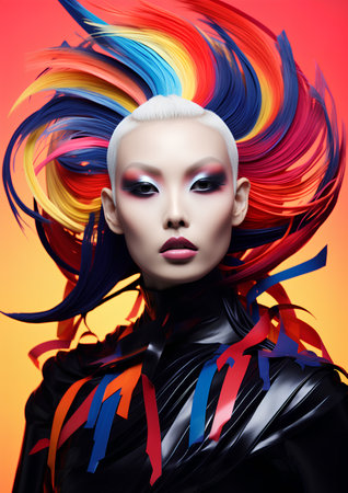 Fashion portrait of a beautiful woman with colorful hairstyle and makeup.の素材