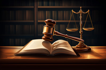 Wooden judge gavel and law book on the table. Vector illustrationの素材