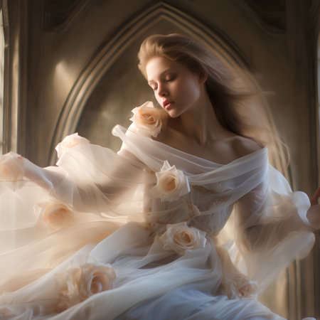 Beautiful young woman in a white wedding dress posing in the interiorの素材