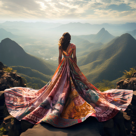 Beautiful woman in long dress posing on the top of the mountain.の素材