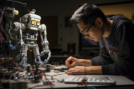 Young Asian man working on a robot in his home office at nightの素材