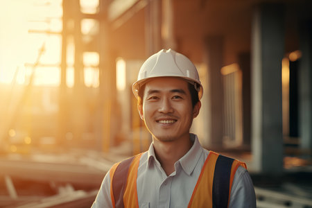 Portrait of Asian engineer or worker on construction site with building backgroundの素材
