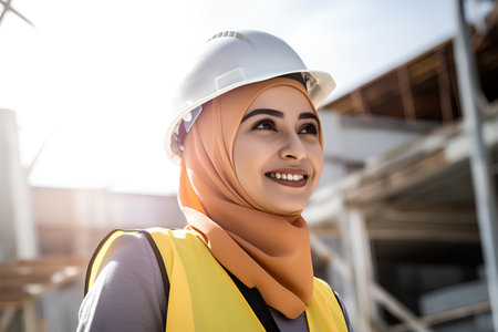 Portrait of muslim woman engineer wearing safety helmet and smiling.の素材