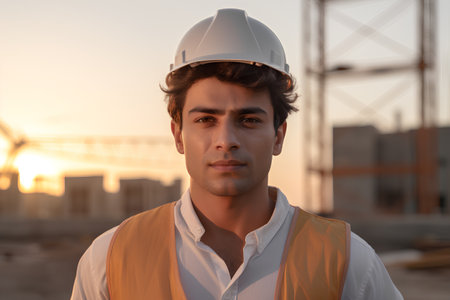 Portrait of a young man in a white helmet on a construction site.の素材