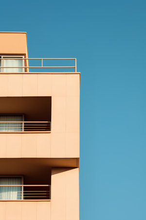 Modern apartment buildings on a sunny day with a blue sky. Facade of a modern apartment buildingの素材