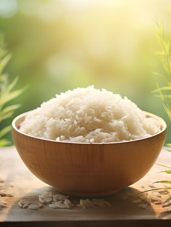 Rice in wooden bowl on wooden table with green bokeh background.の素材
