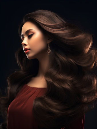 Beautiful young woman with long wavy hairstyle and makeup.の素材