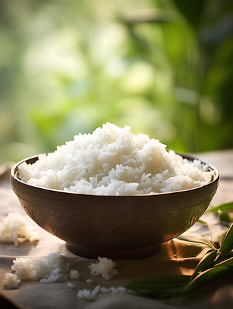 Cooked rice in a bowl on a wooden table, selective focus.の素材