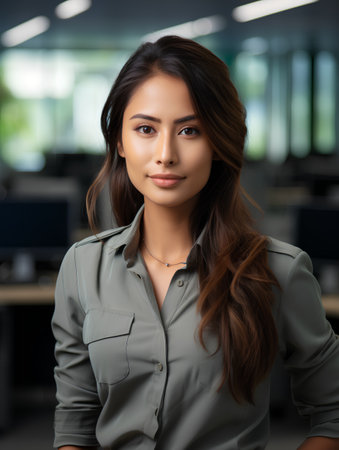 portrait of young businesswoman in office, focus on her faceの素材