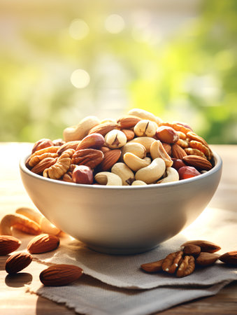 Mix of nuts in bowl on wooden table with green bokeh backgroundの素材