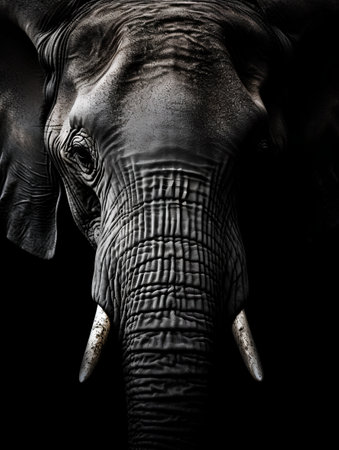 Elephant isolated on black background. Close-up of an elephant.の素材