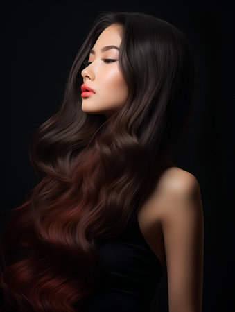 Beautiful woman with long curly hair. Portrait of fashion model with makeup and hairstyle.の素材